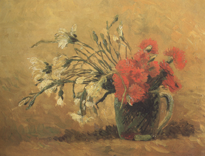 Vase with Red and White Carnations on Yellow Background (nn04)